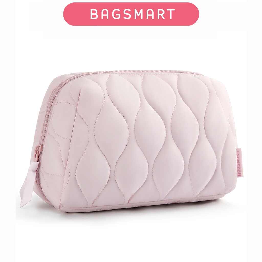 BAGSMART กระเป๋าแต่งหน้า, กระเป๋าเครื่องสําอางสําหรับเดินทาง, กระเป๋าแต่งหน้าเบาะพองสําหรับผู้หญิง, กล่องจัดแต่งหน้า, กระเป๋ากว้างเปิด, สิ่งจําเป็นสําหรับการเดินทาง, แปรงอุปกรณ์ช
