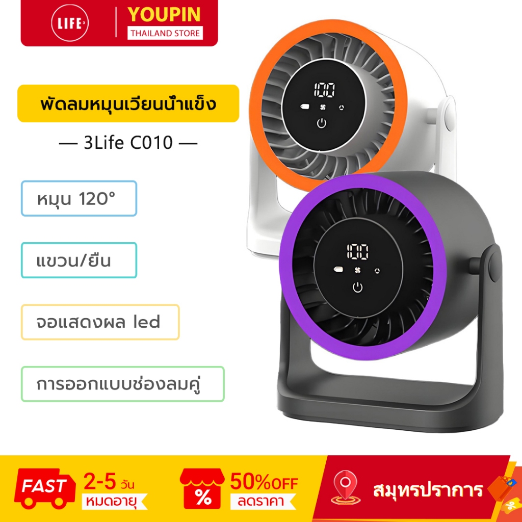 3Life C10 พัดลมหมุนเวียนความเย็นจอแสดงผล LED Dual Airflow Tech 120° ขาตั้งติดผนังและขาตั้งแบบปรับได้