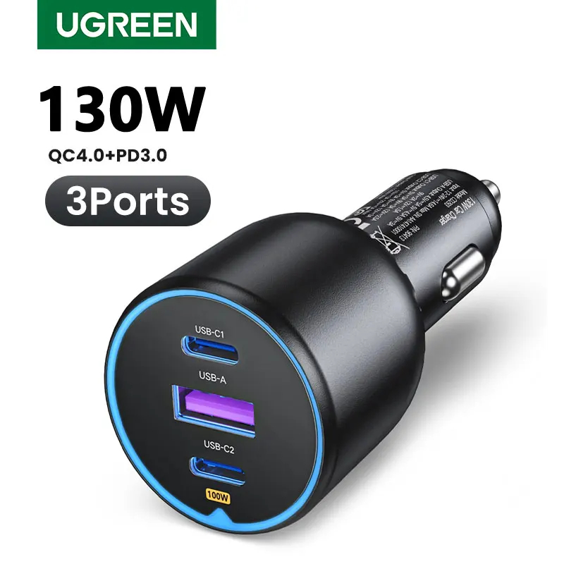 UGREEN Fast Car Charger 130W USB C USB A QC4.0 PD3.0 100W สําหรับโทรศัพท์มือถือ, แผ่น, แล็ปท็อป
