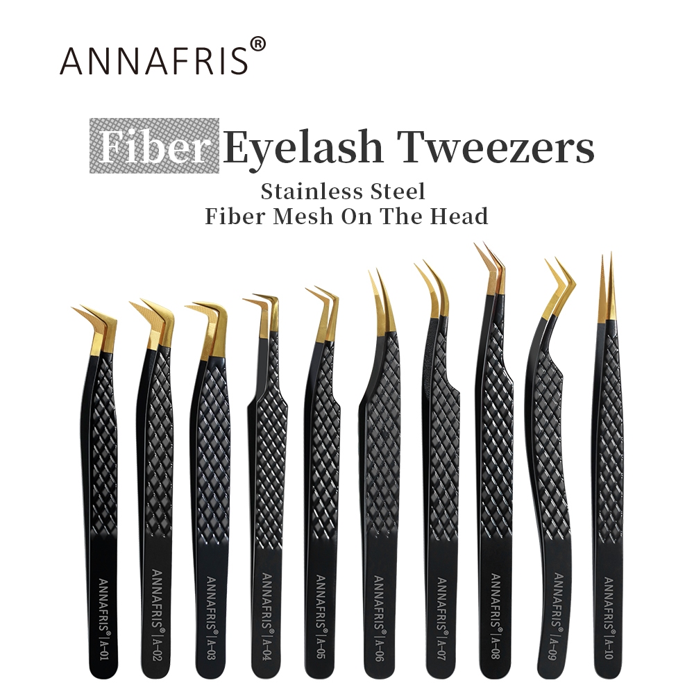 ANNAFRIS High-end Fiber Tip Lash แหนบสแตนเลสตรงหัวปลายโค้ง Eyelash Extension Tweezer เครื่องมือแต่งหน้า