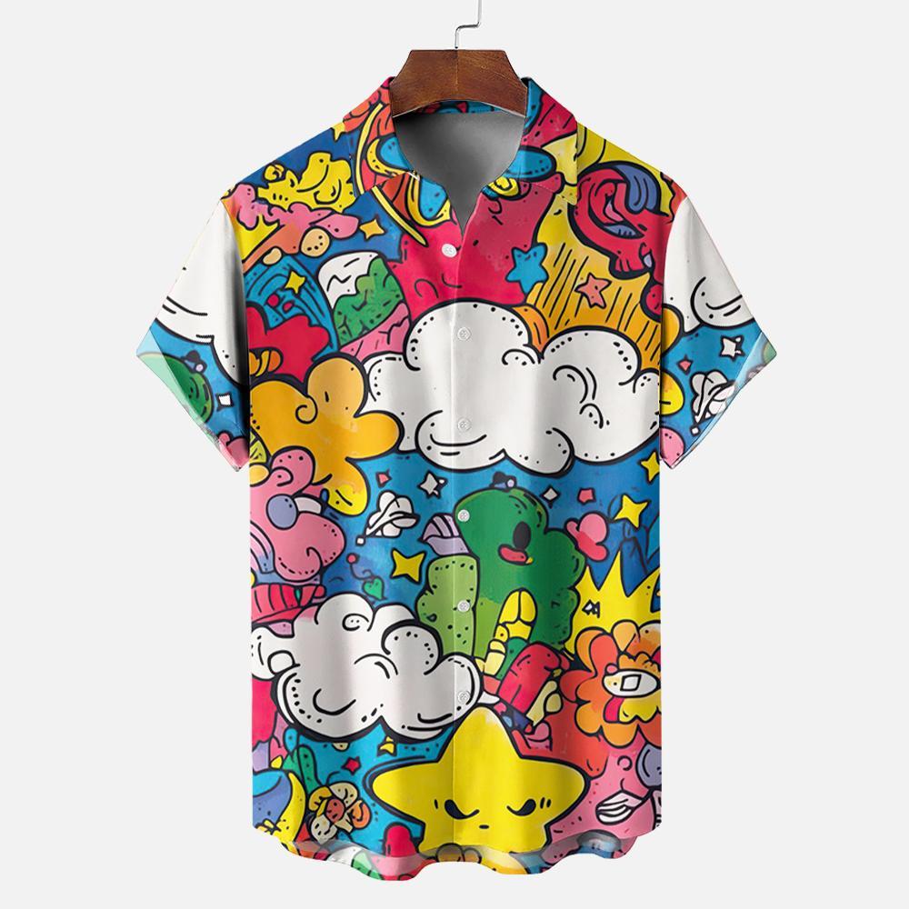 เสื้อฮาวายผู้ชาย ลายกราฟฟิตี สวมใส่ง่าย เหมาะสำหรับฤดูร้อน วันหยุดชายหาด และการแต่งกายประจำวัน