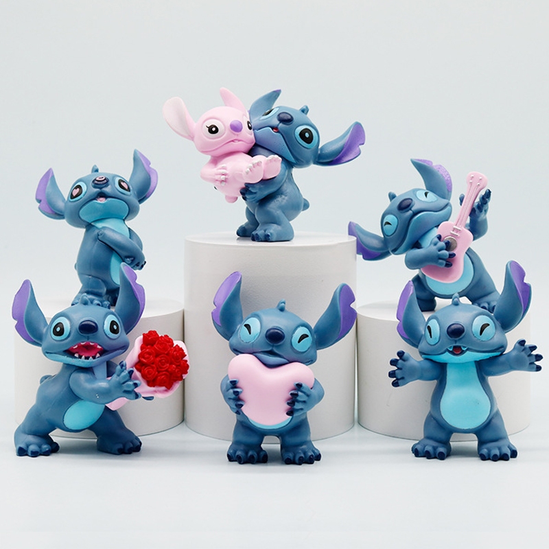 6 ชิ้น/เซ็ต 8 ซม.การ์ตูน Lilo & Stitch อะนิเมะรูป Love Heart Stitch Angel Rose Koala รุ่น Q PVC ตัวเลขการกระทําตุ๊กตาของเล่นของขวัญ