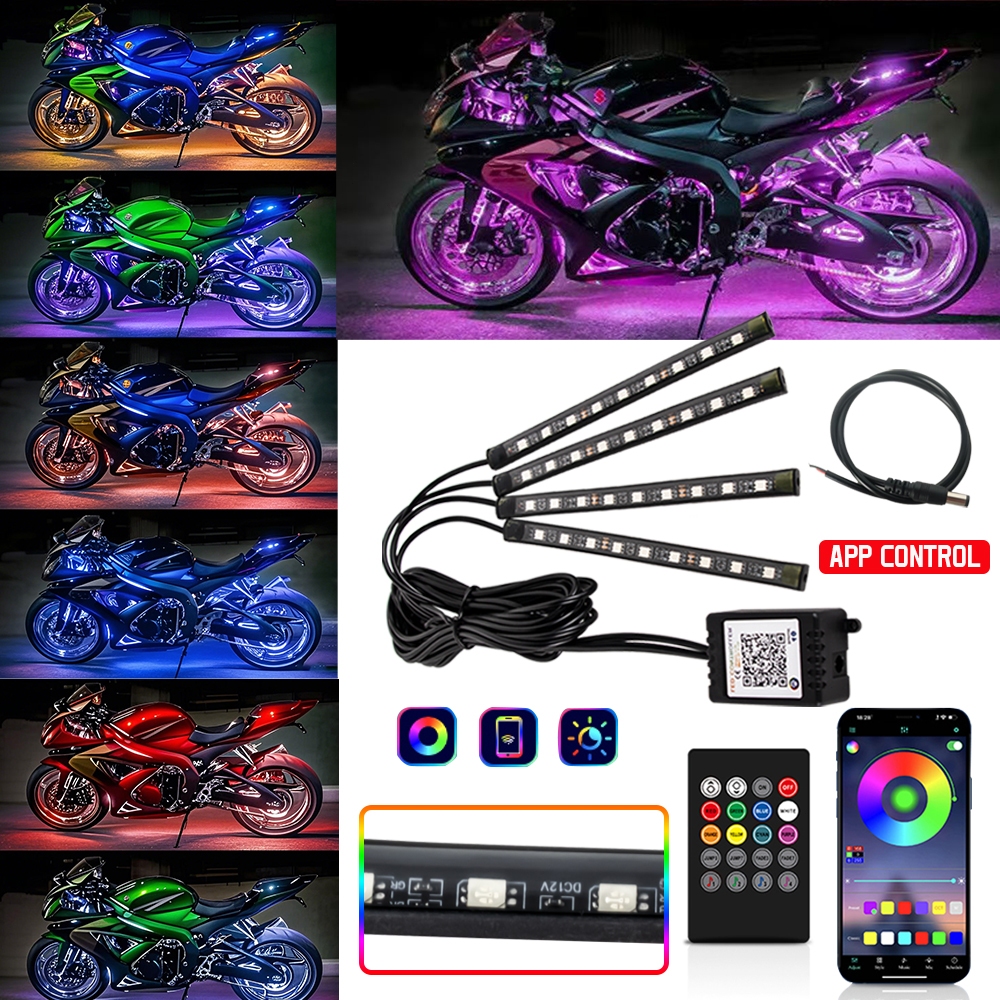 Universal รถจักรยานยนต์บรรยากาศ Underglow ไฟ LED ชุด App รีโมทคอนโทรล RGB กันน้ําสําหรับ Yamaha BMW Harley Suzuki