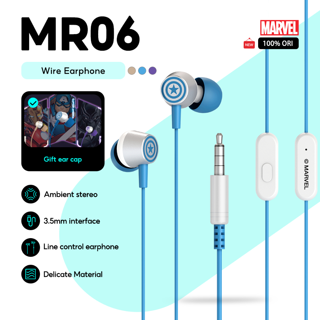 Marvel Earbuds MR06 หูฟังแบบมีสาย Iron Man America Captain Design หูฟังชนิดใส่ในหูพร้อมไมโครโฟน HD เสียงสเตอริโอ Volume Control แจ็ค 3.5 มม.สําหรับโทรศัพท์แล็ปท็อป