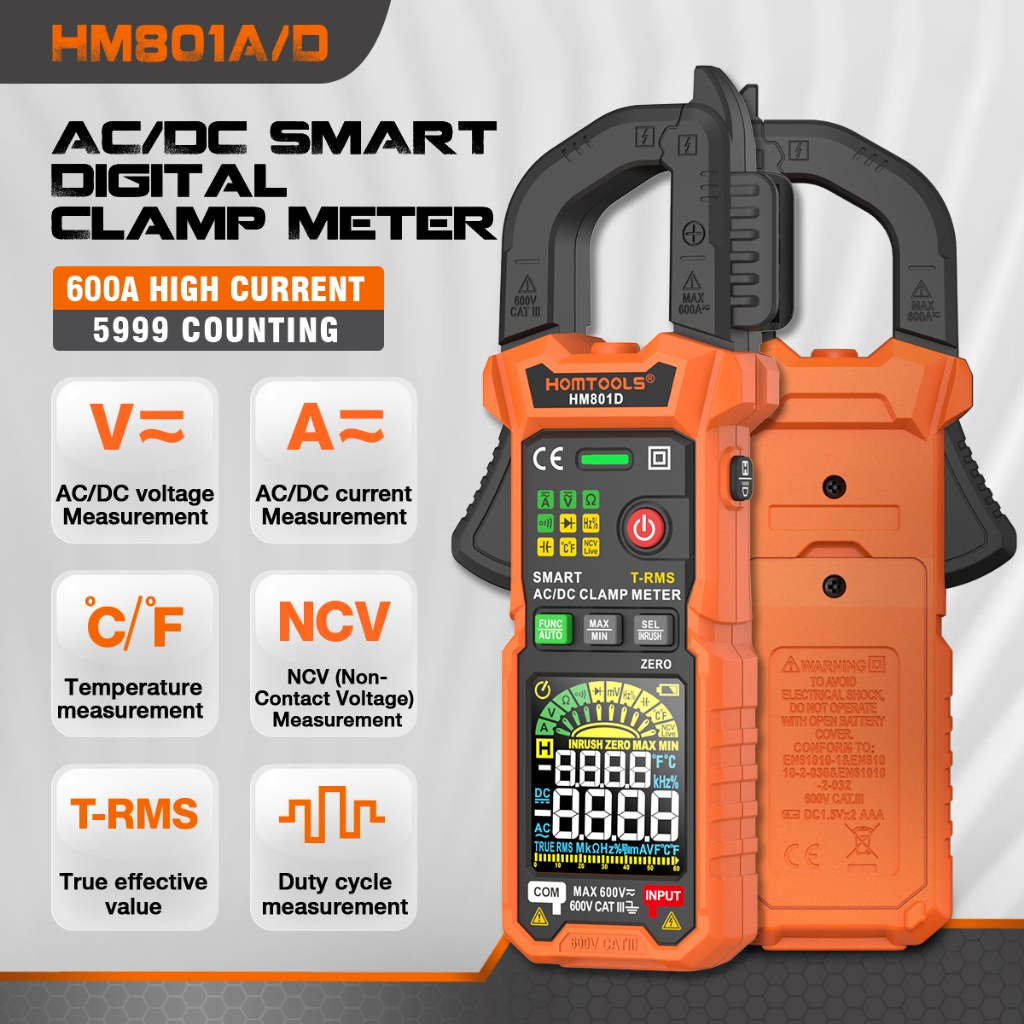 HOMTOOLS HM801A/D Digital Clamp Multimeter 600A AC/DC Current และ 600V AC/DC Voltage Tester, Clamp A