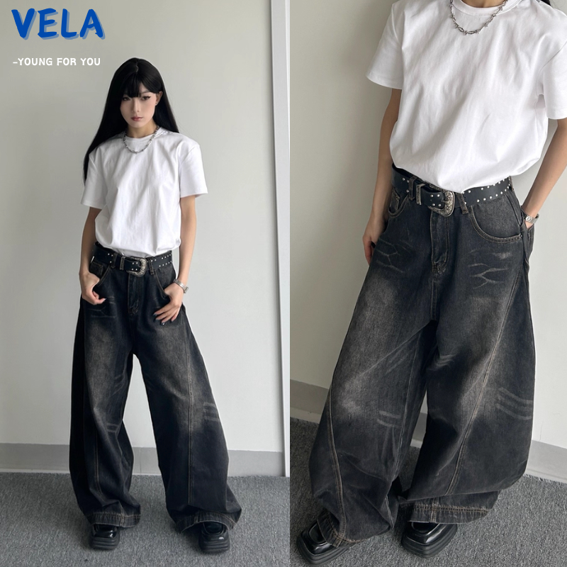 VELA-กางเกงยีนส์ผู้ชาย ขากว้าง ทรงหลวม แบบเรียบง่าย baggy jeans  ขากระบอกใหญ่