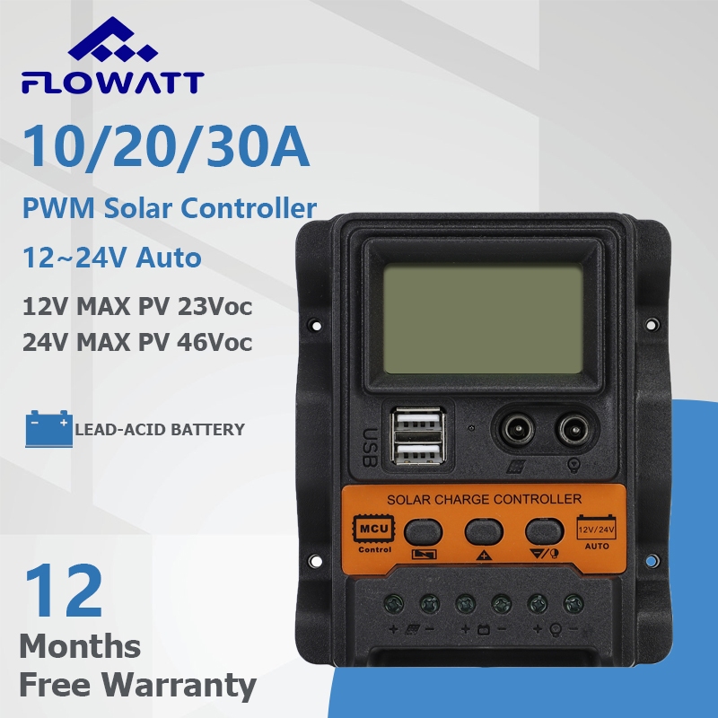 Powmr PWM 30A 20A 10A ตัวควบคุมการชาร์จพลังงานแสงอาทิตย์ Dual USB 5V จอแสดงผล LCD แผงพลังงานแสงอาทิตย์ 12/24V Auto Battery Charger Regulator Controller