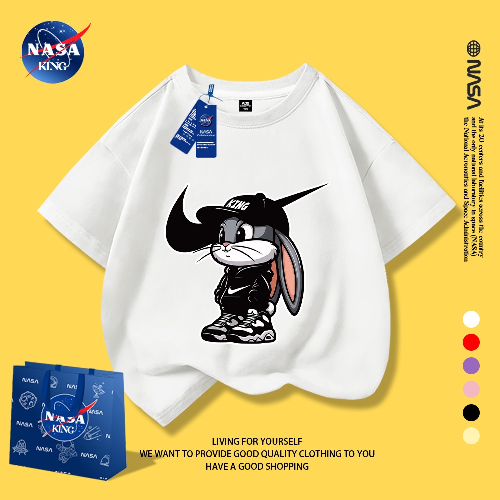 เสื้อยืดเด็ก NASA ลายกระต่ายสไตล์แฟชั่น ผ้าฝ้ายแท้ 100% ใส่สบาย เหมาะสำหรับเด็กชายและเด็กหญิง