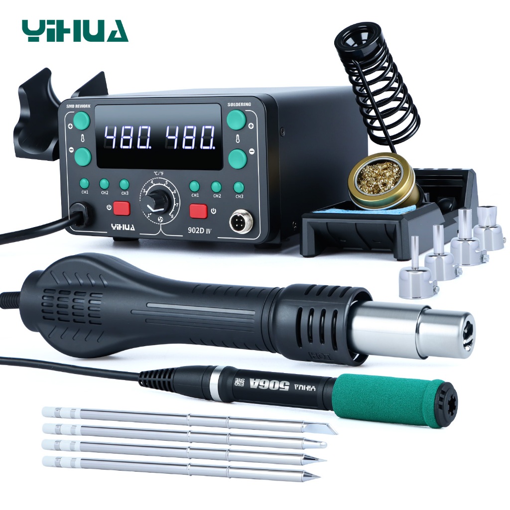YIHUA 902D-IV 2 in 1 สถานีบัดกรี 775W พร้อมที่จับลมร้อนและ T12 หัวแร้งเคล็ดลับ Fast heaing เครื่องเชื่อม Station