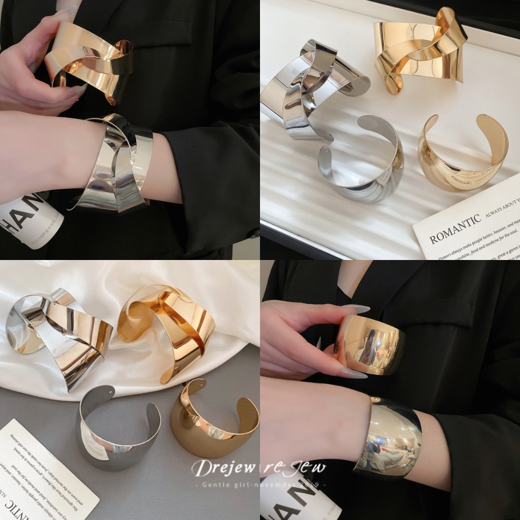 สร้อยข้อมือแฟชั่นสไตล์ยุโรปและอเมริกัน โลหะเงางามแบบเปิด ใช้งานได้หลากหลายโอกาส