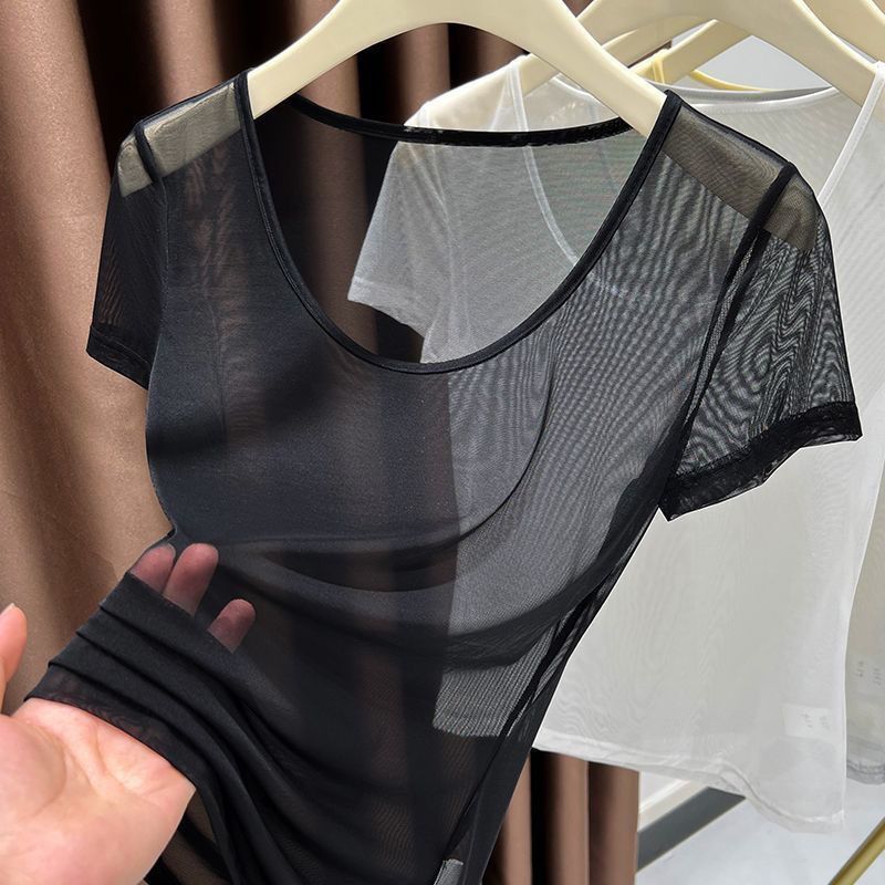 เสื้อยืดผ้าไหมน้ำแข็งแขนสั้น ตาข่ายโปร่งใส สไตล์ใหม่สำหรับสุภาพสตรี