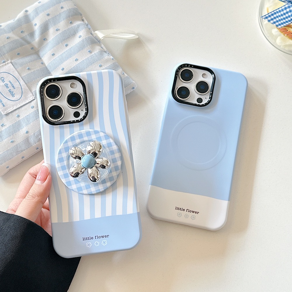 เคสโทรศัพท์ เข้ากันได้กับ iPhone 16Promax 16 16Pro 15promax 15 Pro 14 13 14promax 14Pro Creative 3D flower and blue stripe ดอกไม้และแถบสีฟ้าฝาครอบฟิล์มพร้อมขาตั้งแหวนแม่เหล็ก