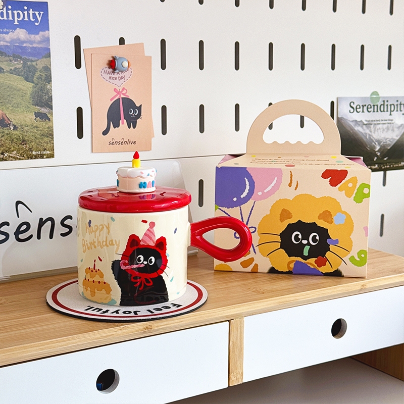 SENSENLIVE แก้วน่ารักของขวัญวันเกิดสําหรับผู้หญิง แก้วแมว แก้วกาแฟน่ารัก ความงาม 可爱杯子 ของขวัญ เซรามิคพร้อมฝาปิด ของขวัญวันครู