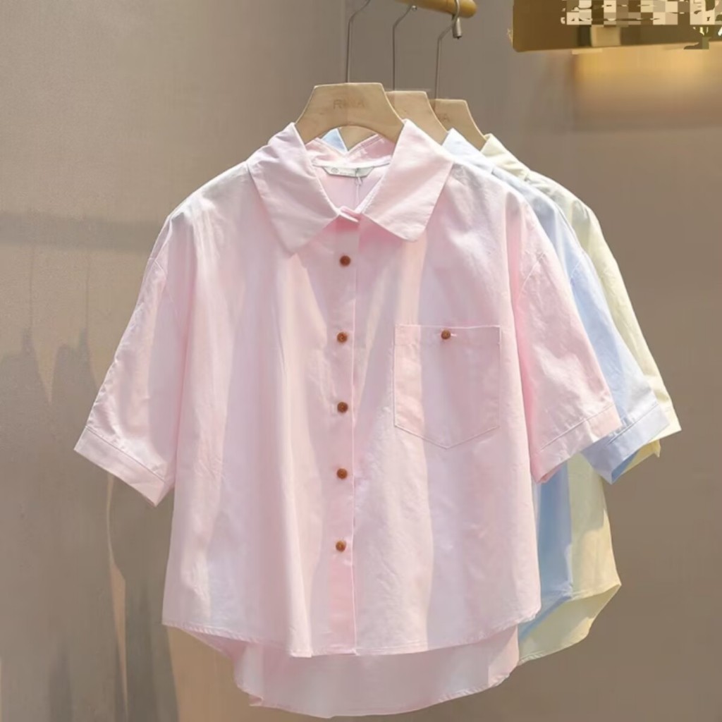เสื้อครอปท็อป แขนสั้น ทรงหลวม ผ้าฝ้าย ฟ้า ชมพู เหลืองอ่อน แฟชั่นสไตล์เกาหลี สําหรับผู้หญิง