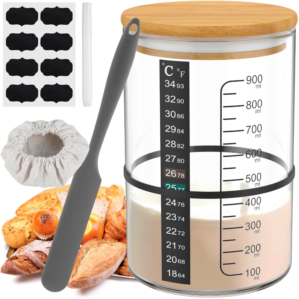Sourdough Starter Jar Kit 900ml ชุดคอนเทนเนอร์เบเกอรี่หมัก Sourdough Starter Container แก้วใส ถ้วยปากกว้างพร้อมฝาปิดไม้ เก็บอาหาร
