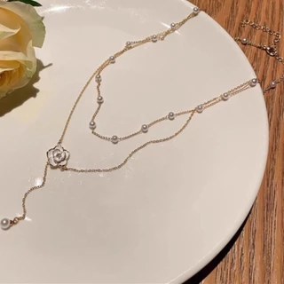 💖 ส่งไวจากไทย 💖 สร้อยคอสองชั้น ไข่มุก ดอกคามิเลีย necklace สไตล์เกาหลี แฟชั่นผู้หญิง เครื่องประดับ