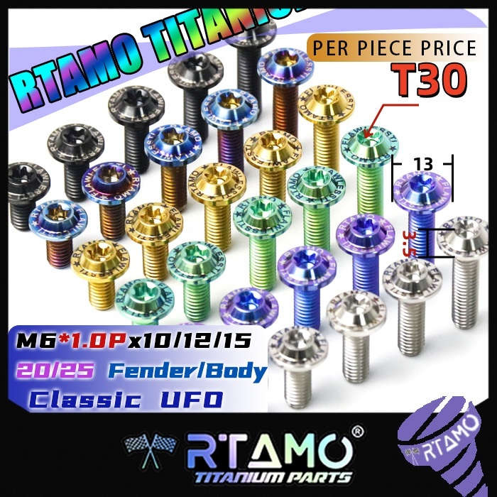 RTAMO ไทเทเนียม Gr5 M6x10-30L(เบอร์ 10)13D 3.5H หมวกกันน็อค Aria พร้อมโลโก้เลเซอร์ 'RTAMO'
