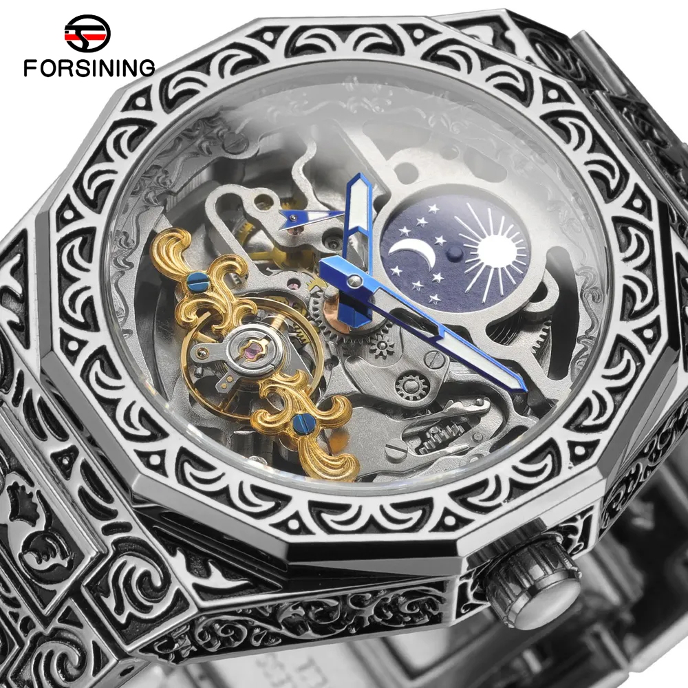 Forsining กันน้ํานาฬิกาผู้ชาย Tourbillon นาฬิกาข้อมืออัตโนมัติ Hollow Retro Mens นาฬิกากลางแจ้ง Moon Phase นาฬิกา