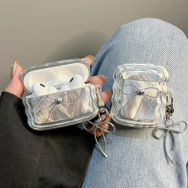 Y2K Style Bow AirPods Pro 2 Case, Minimalist AirPods 3 Case, Silver AirPods 1/2 Case