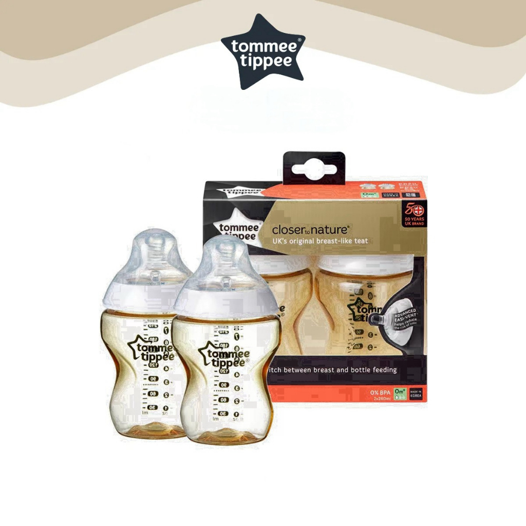 ขวดนม Tommee Tippee ขวดนมคอกว้าง PPSU แพ็คคู่พร้อมจุกนมเสมือนเต้านม 0m+ ไหลช้า