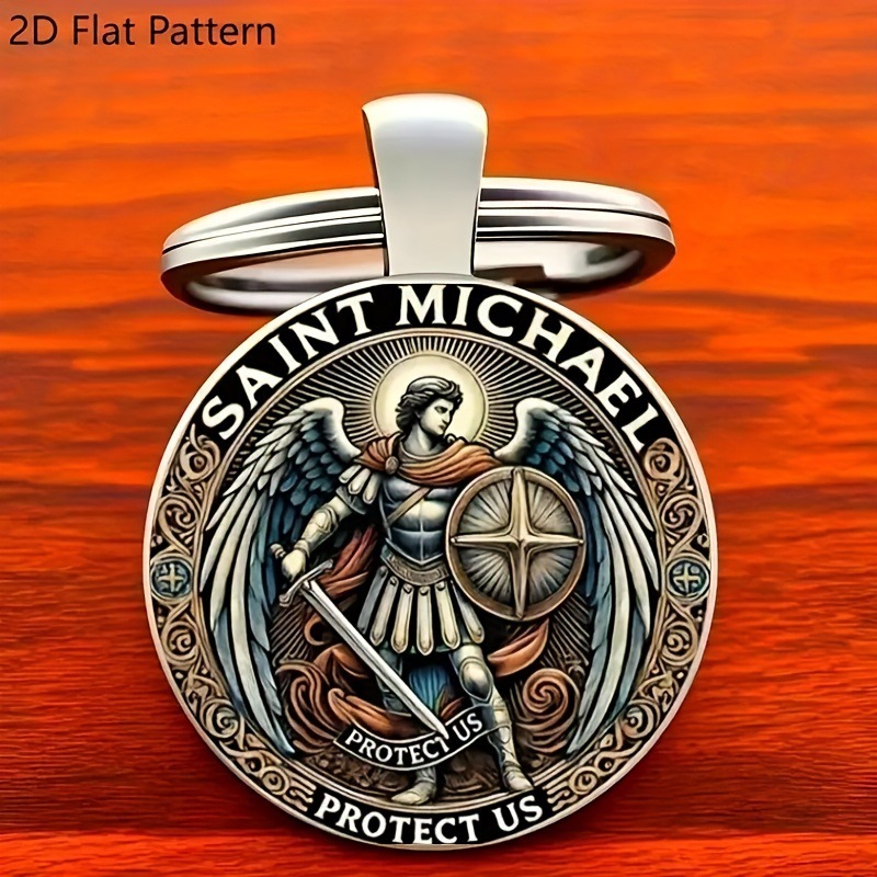 เซนต์. พวงกุญแจ Michael สําหรับผู้ชาย โลหะผสมและแก้ว Archangel Defender Key Ring ของขวัญครบรอบแฟชั่นสําหรับเขา
