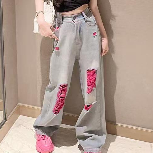 [กรุงเทพฯ จัดส่ง] กางเกงยีนส์เอวสูงขากว้าง สไตล์เกาหลี สีชมพู เหมาะสำหรับเด็กหญิงอายุ 4-12 ปี