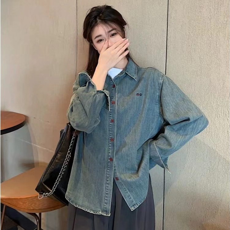 ฤดูใบไม้ร่วงผู้หญิงเกาหลีอเนกประสงค์สบายๆโปโลปกปักยีนส์เสื้อแขนยาว 241011