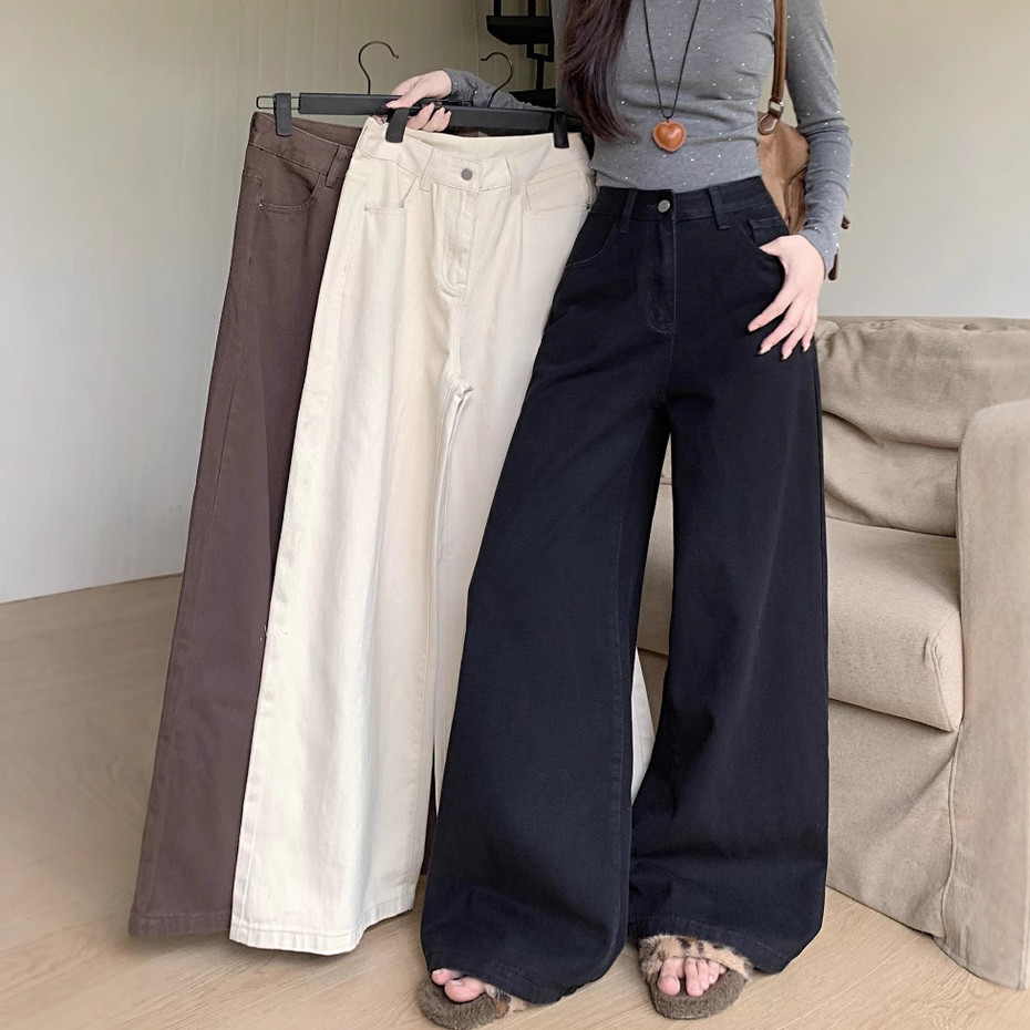 Hermarou S-6XL กางเกงยีนส์ผู้หญิง กางเกงขายาวเดนิม สีพื้น ทรงหลวม ทรงคลาสสิก เอวสูง ขากว้าง