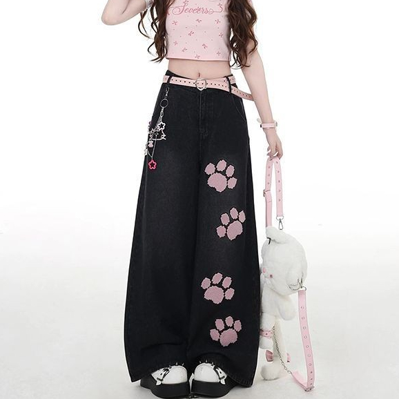 Laterme S-6XL กางเกงขายาวผู้หญิง กางเกงยีนส์เอวสูง ผ้าดี ทรงขากว้าง ลายการ์ตูน
