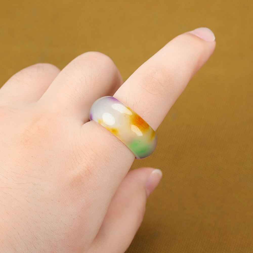 แหวนหยกธรรมชาติสีม่วงและสีเขียว ดีไซน์เหมือนดอกไม้ในน้ำแข็ง กว้าง 1 ซม.
