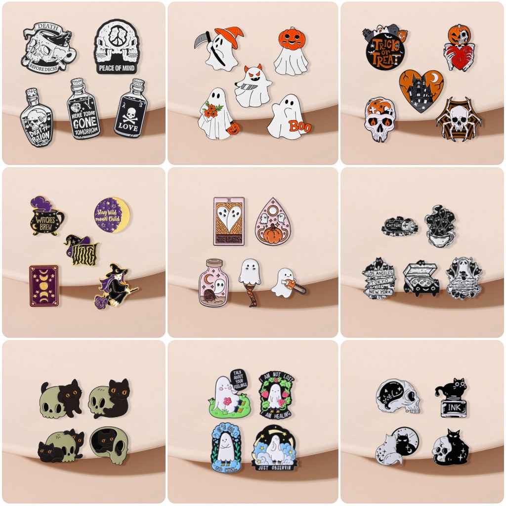 ชุดขาฮาโลวีน Skull Ghost Cat เข็มกลัดเคลือบน่ารักสร้างสรรค์กระเป๋าเป้สะพายหลังโลหะเสื้อผ้าอุปกรณ์เสริมของขวัญสําหรับเพื่อน