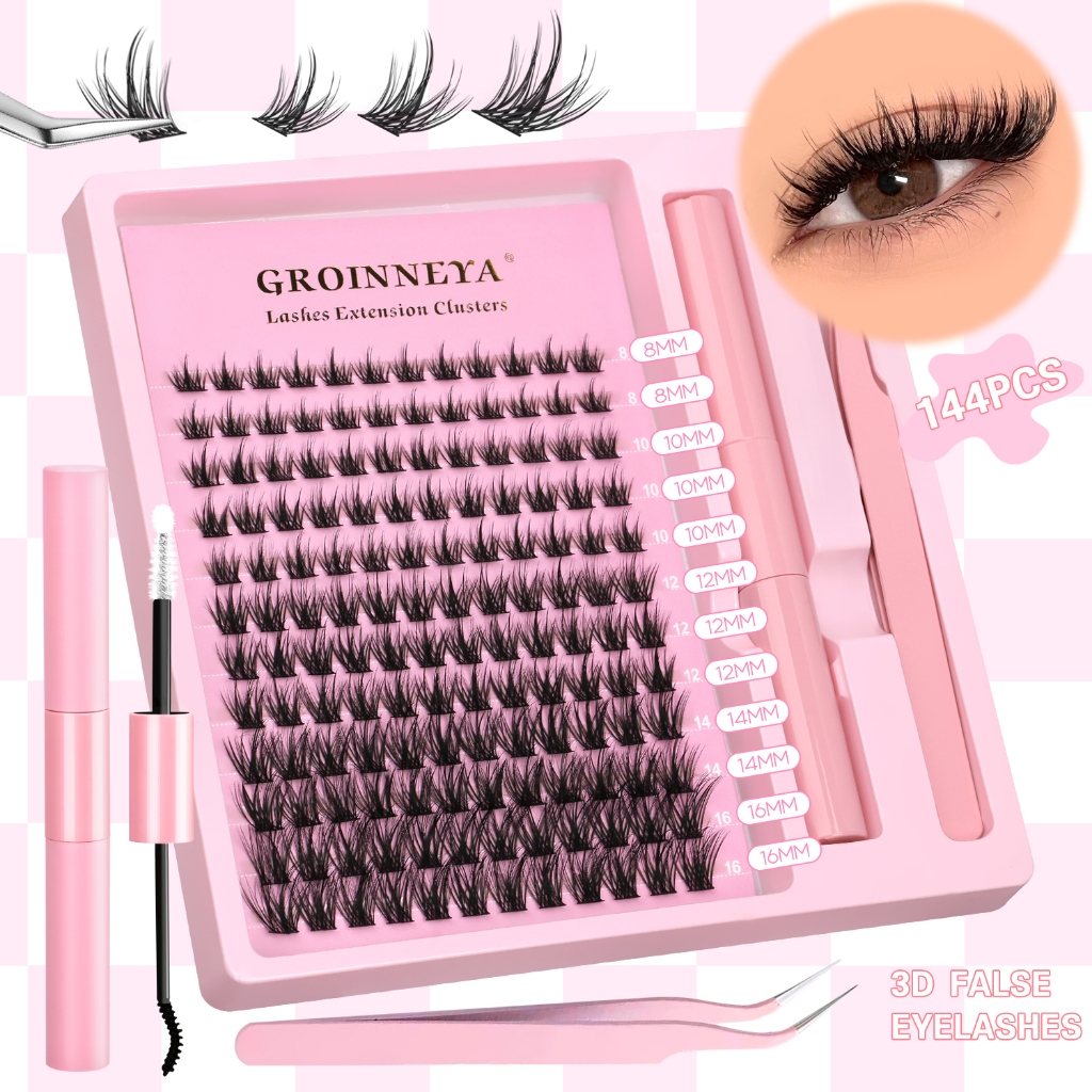 GROINNEYA ชุดขนตาปลอม Cluster Fluffy Lash Bond & Seal ขนตาปลอม Faux Mink ต่อขนตา DIY ที่บ้าน