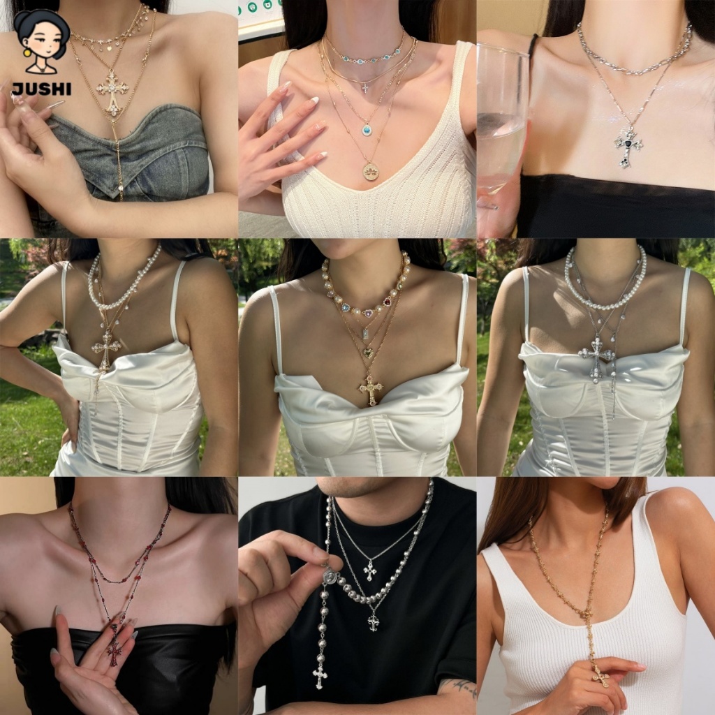 JUSHI Baroque Diamond-Studded Double-Layer Cross Y2K สร้อยคอ Retro แฟชั่นวันหยุดของขวัญ Resort Party Concert ชุด