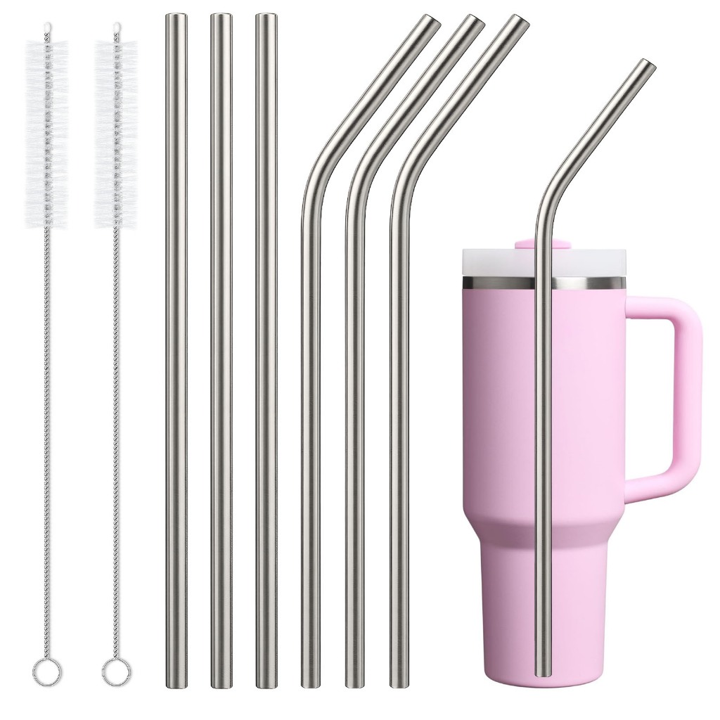 QuiFit 6 แพ็คเปลี่ยนหลอดสแตนเลสสําหรับ Stanley 40 ออนซ์ 30 ออนซ์ Tumbler,3 ตรง + 3 โค้ง BPA ฟรีหลอดโลหะแบบใช้ซ้ําได้พร้อมแปรงทําความสะอาด