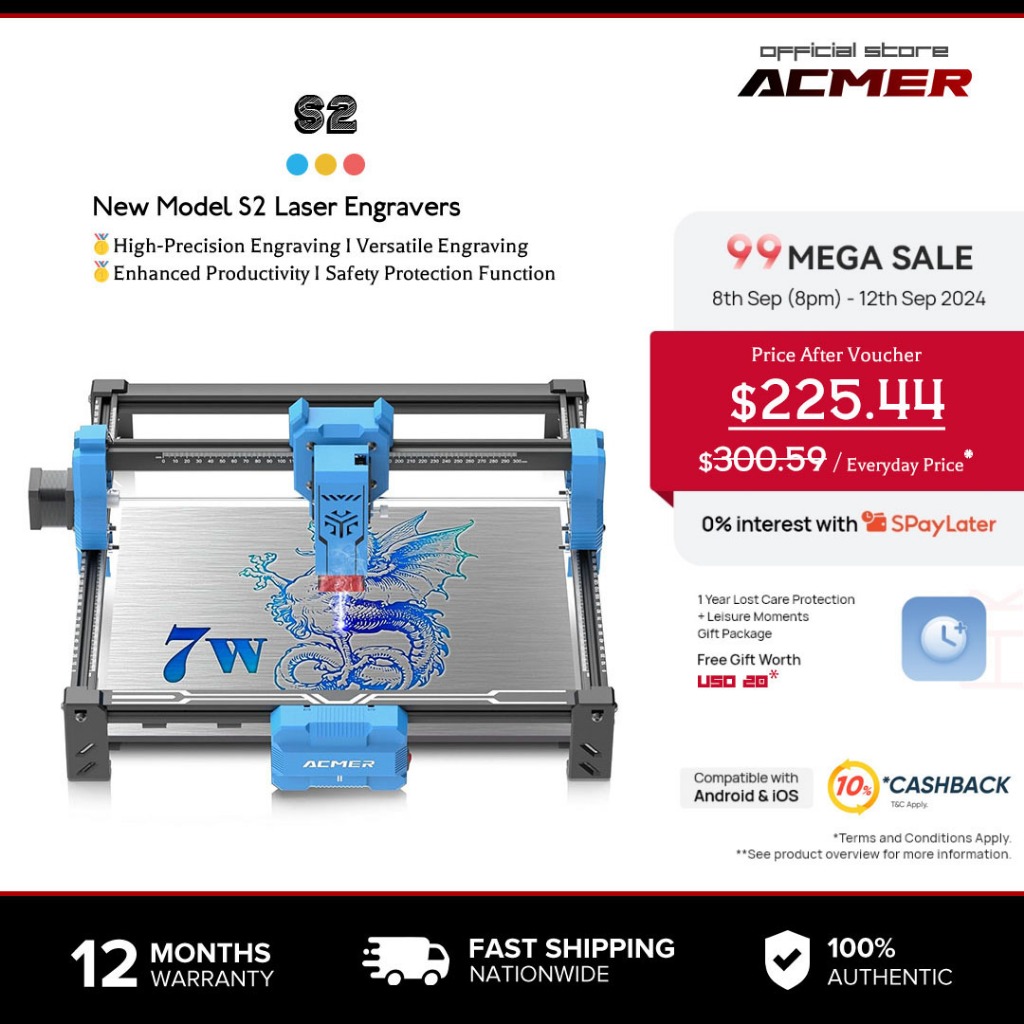 【2025 ใหม่】เครื่องแกะสลักเลเซอร์ ACMER S2, เครื่องตัดเลเซอร์ 7000mW และเครื่องแกะสลักเลเซอร์ ความแม่นยำสูง 0.01mm ความเร็ว 10000mm/min เหมาะสำหรับงาน DIY, ไม้, โลหะ, หนัง, อะครีลิค, แก้ว