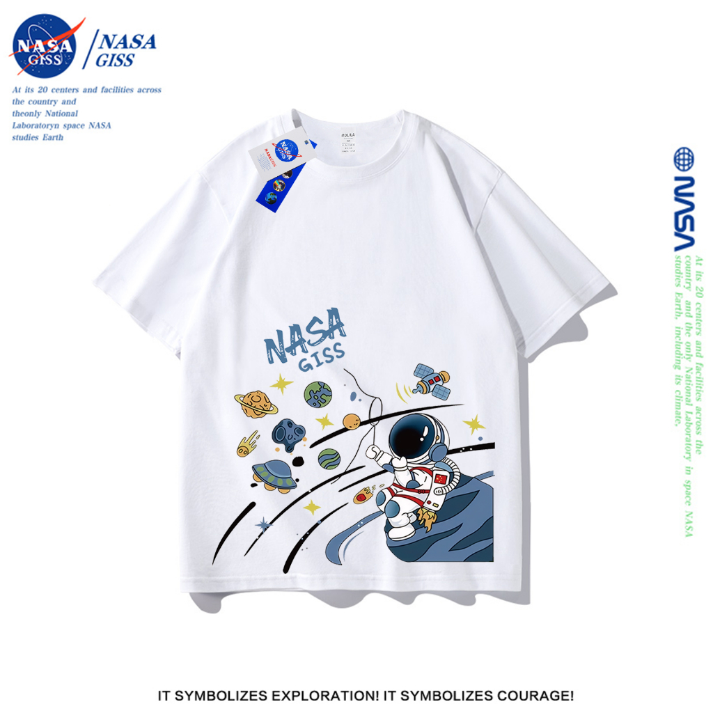 NASA เสื้อยืดชายหญิงแขนสั้น สตรีทฮิปฮอป summer nasaนักบินอวกาศ พิมพ์ลาย คอตตอน คอกลม หลวมและระบายอากาศ