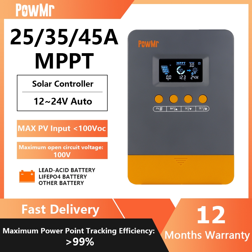 PowMr 25A/35A/45A MPPT คอนโทรลเลอร์ชาร์จพลังงานแสงอาทิตย์ 12V 24V พร้อม Blacklight LCD อินพุต PV สูงสุด 100VDC สนับสนุน Lifepo4 แบตเตอรี่ชาร์จอย่างมีประสิทธิภาพ