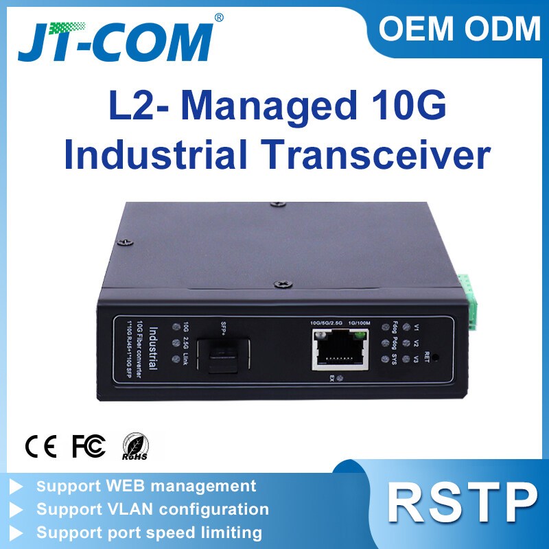 JT-COM Industrial 10G Media Converter | 1 SFP+ & 1 10G RJ45 สวิตช์พอร์ต | ตัวยึด DIN-Rail | เครื่องร