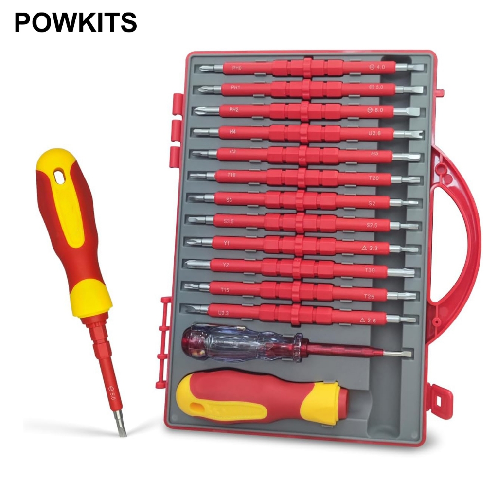 POWKITS ชุดไขควงหุ้มฉนวน 26 ชิ้น ชุดเครื่องมือช่างไฟฟ้าปลายแม่เหล็กพร้อมเคส 1000V