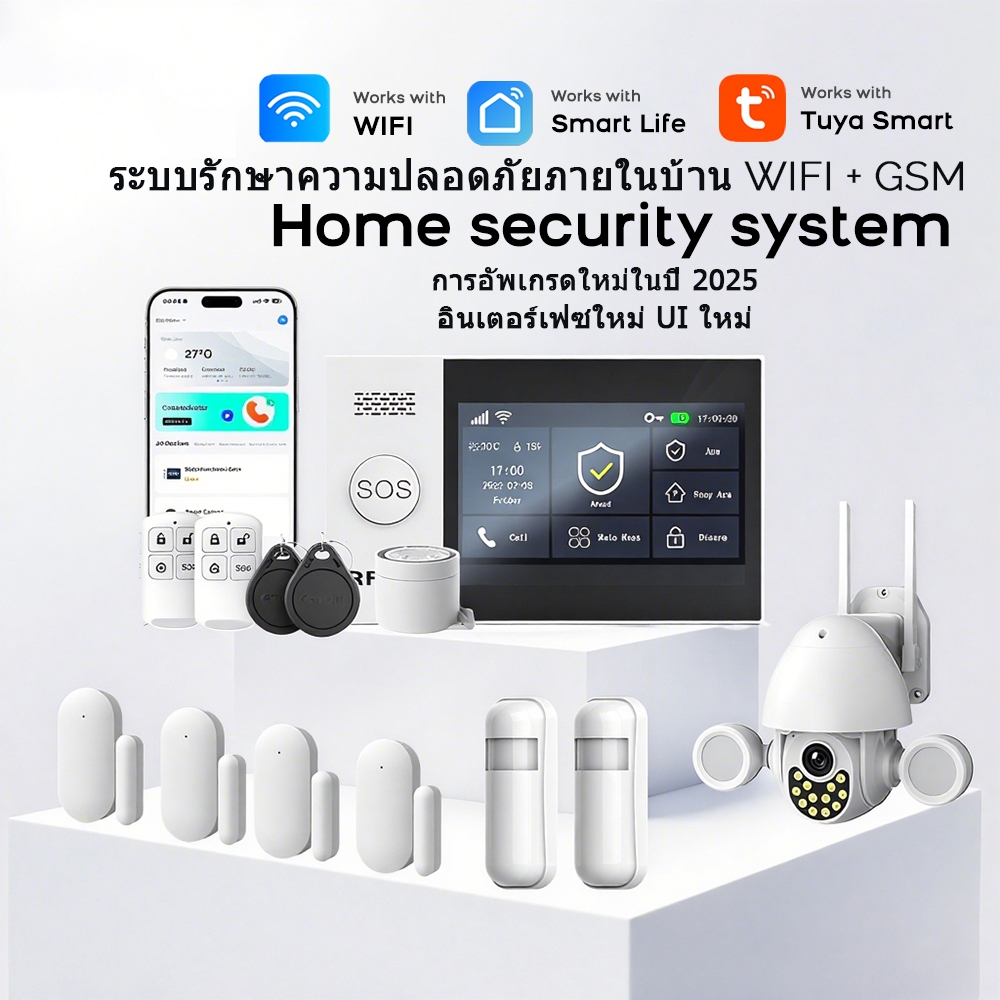 Pg-107 Tuya บ้านไร้สาย WIFI GSM รักษาความปลอดภัยในบ้าน 4 ทาง เขตป้องกันแบบมีสาย พร้อมเซ็นเซอร์ตรวจจับการเคลื่อนไหว ระบบเตือนกันขโมย ควบคุมผ่านแอพ รองรับ Alexa