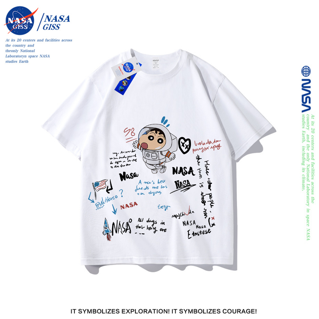 NASA เสื้อยืดชาย/หญิง แขนสั้น สไตล์สตรีทฮิปฮอป พิมพ์ลาย คอตตอน คอกลม ใส่หลวม ระบายอากาศ