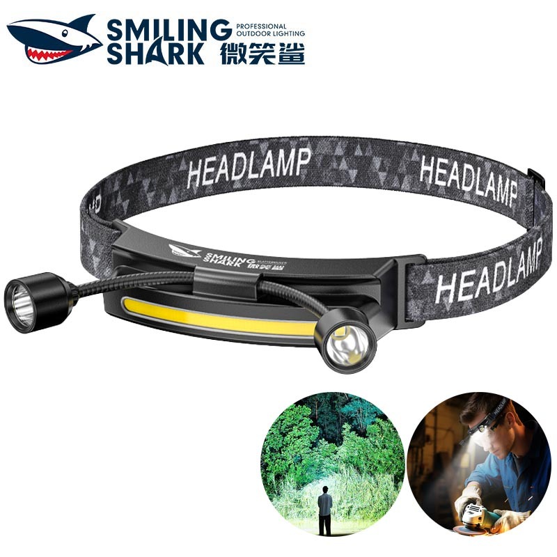 SmilingShark TD0256 ไฟคาดหัว ไฟฉายคาดหัว LED+COB สว่างมาก โคมไฟหัวทำงาน ด้วยการปรับ 360 ° เสาตะเกียง ไฟคบเพลิงหัว 5 รูปแบบ Type-C แบบชาร์จได้ พกพาได้ กันน้ำสำหรับการเดินป่าแคมป์ปิ้ง