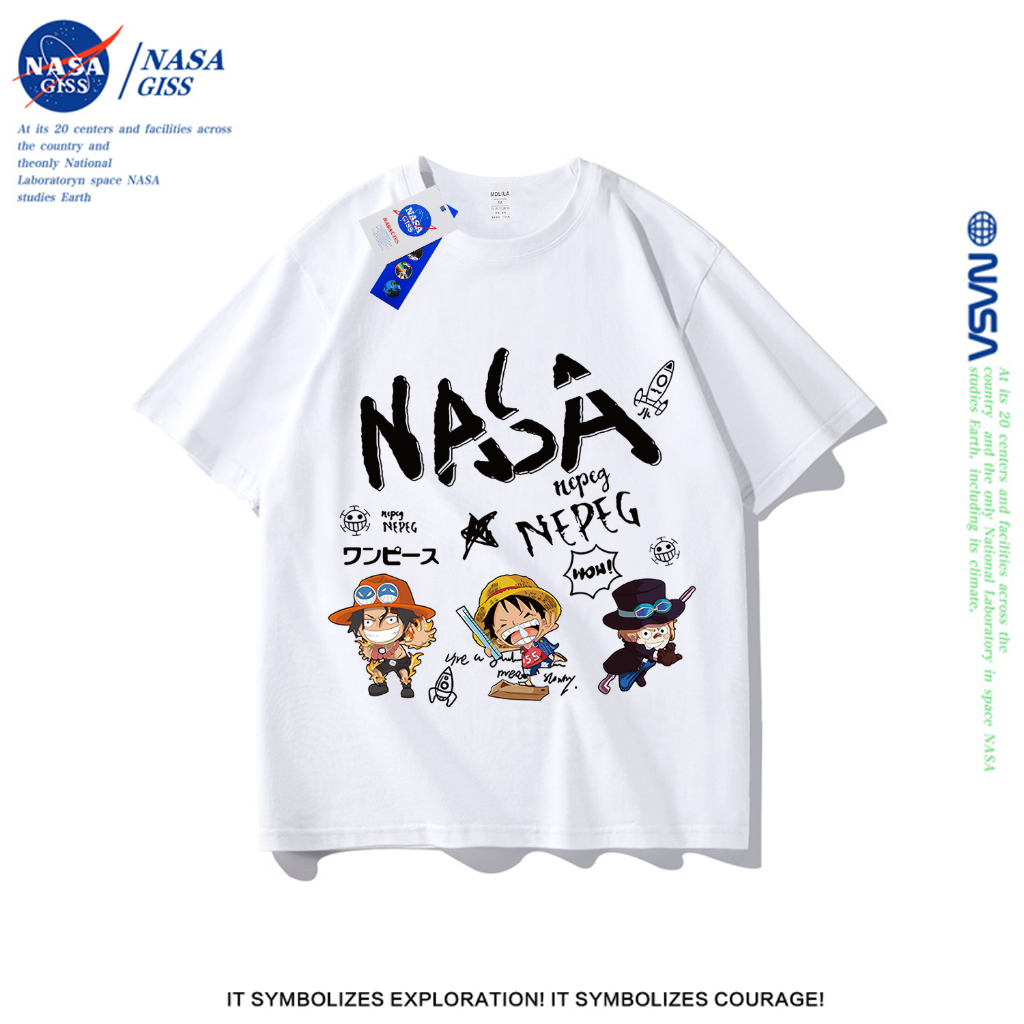 NASA เสื้อยืดชายหญิงแขนสั้น สตรีทฮิปฮอป summer nasaLuffy พิมพ์ลาย คอตตอน คอกลม หลวมและระบายอากาศ