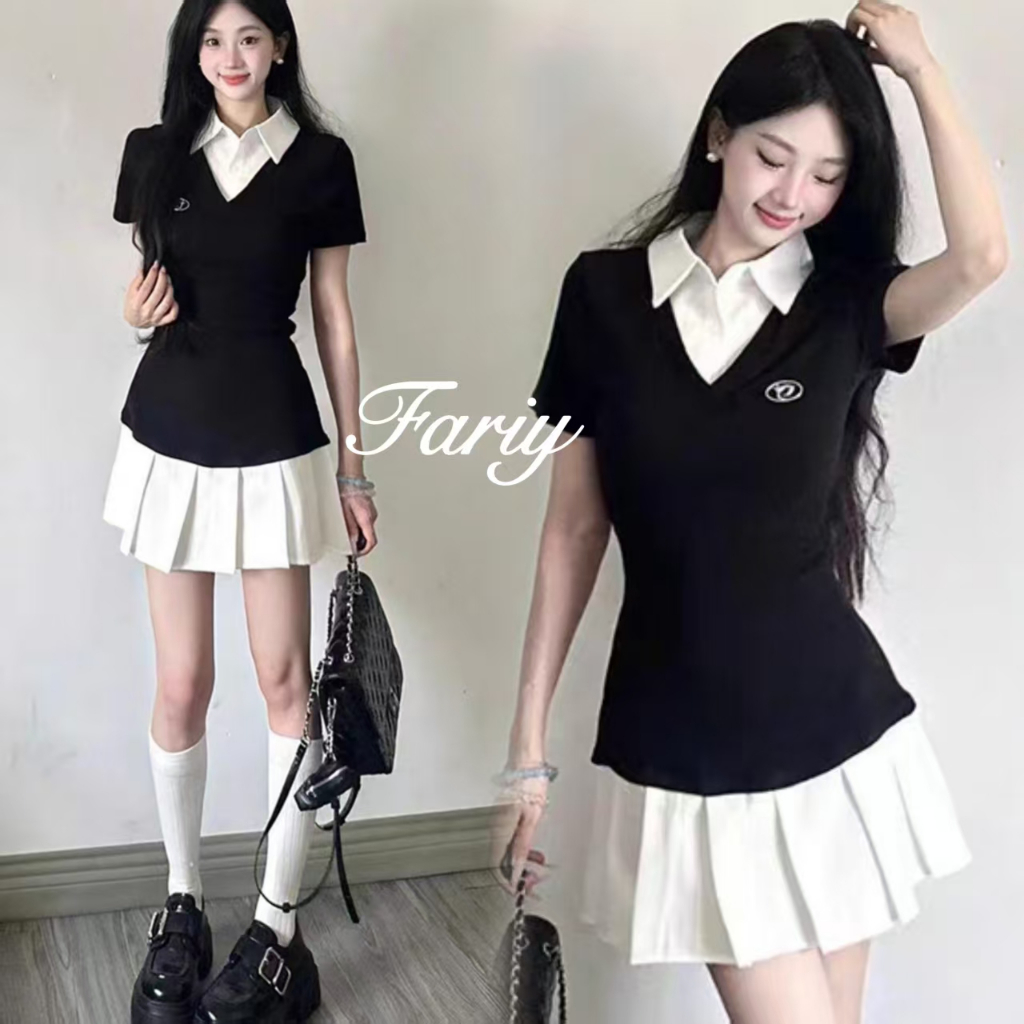 Fariy🍒คลังสินค้าพร้อม🍒 ชุดเดรสคอโปโลแขนสั้นปลอมสองชิ้นสไตล์เกาหลีสไตล์วิทยาลัยฤดูร้อนสไตล์อเมริกันหวานและเผ็ดเอวกระโปรงสั้นจีบเล็ก