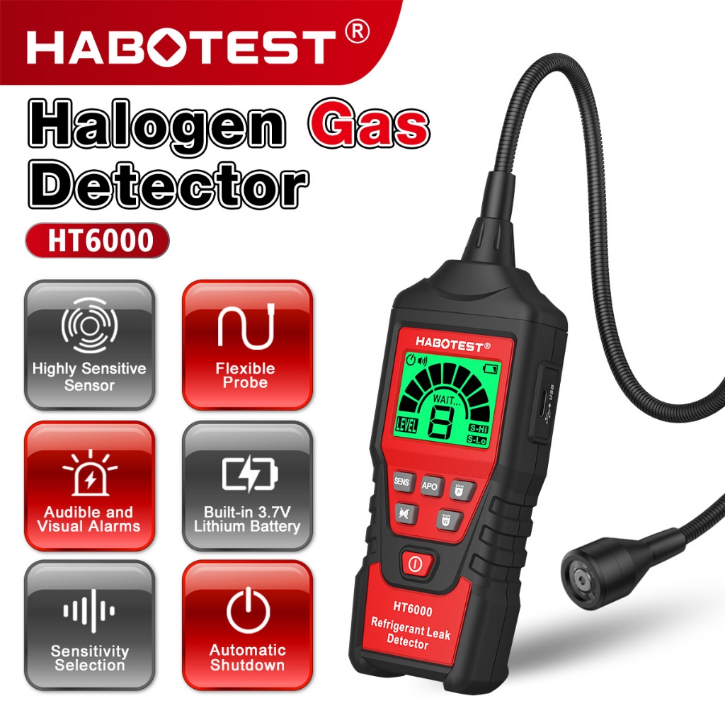 HABOTEST HT6000 ฮาโลเจน CFC เครื่องตรวจจับการรั่วไหลของก๊าซสารทําความเย็นเครื่องปรับอากาศ Freon R410a R22a R134a สารทําความเย็นแก๊สอัตโนมัติ