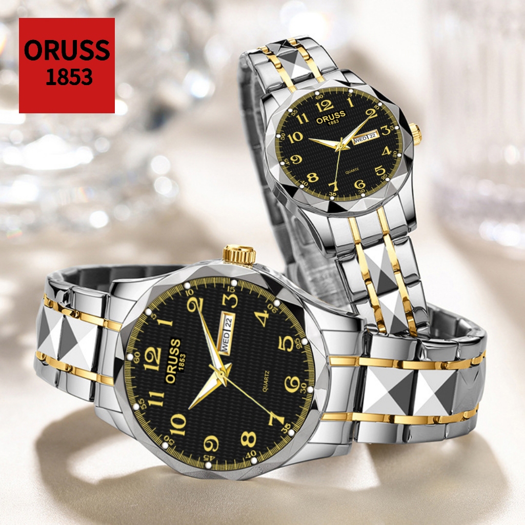 ORUSS รัส คู่เดิมหรูหราสแตนเลสกันน้ําปฏิทินคู่นาฬิกาแฟชั่นส่องสว่างธุรกิจเกาหลีนาฬิกาข้อมือควอตซ์