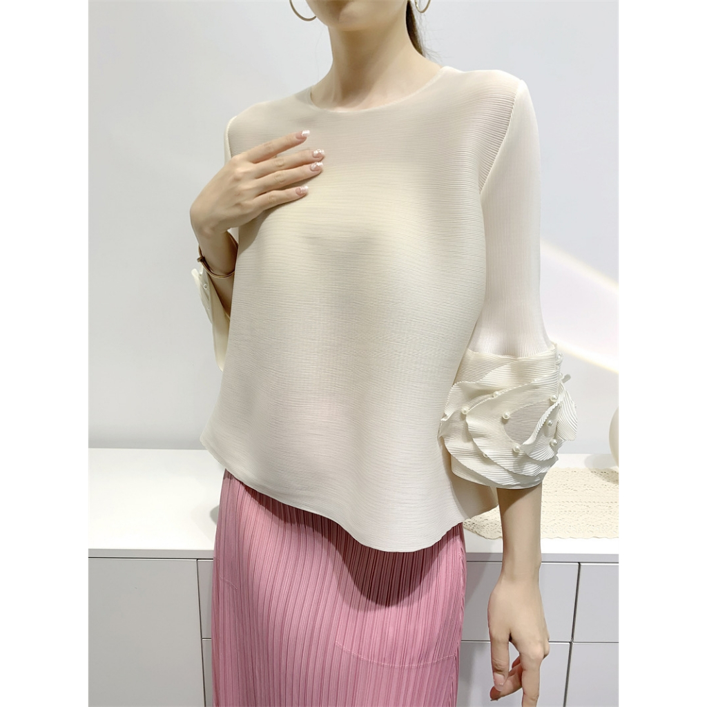 มิยาเกะ การค้าต่างประเทศจีบด้านบนสามไตรมาสแขนลูกปัด Classy Commuter ฤดูใบไม้ผลิฤดูร้อนเสื้อยืดคอกลมหลวม Slimmer ดู