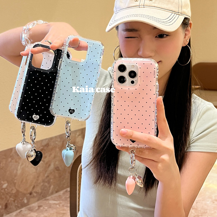 เกาหลีหวาน Girly Wave Point Love Heart จี้เคสโทรศัพท์สําหรับ iPhone 16Promax 16Pro 13 14 15 Pro Max กันกระแทกสองชั้น imd ผู้หญิงฝาครอบมือถือ