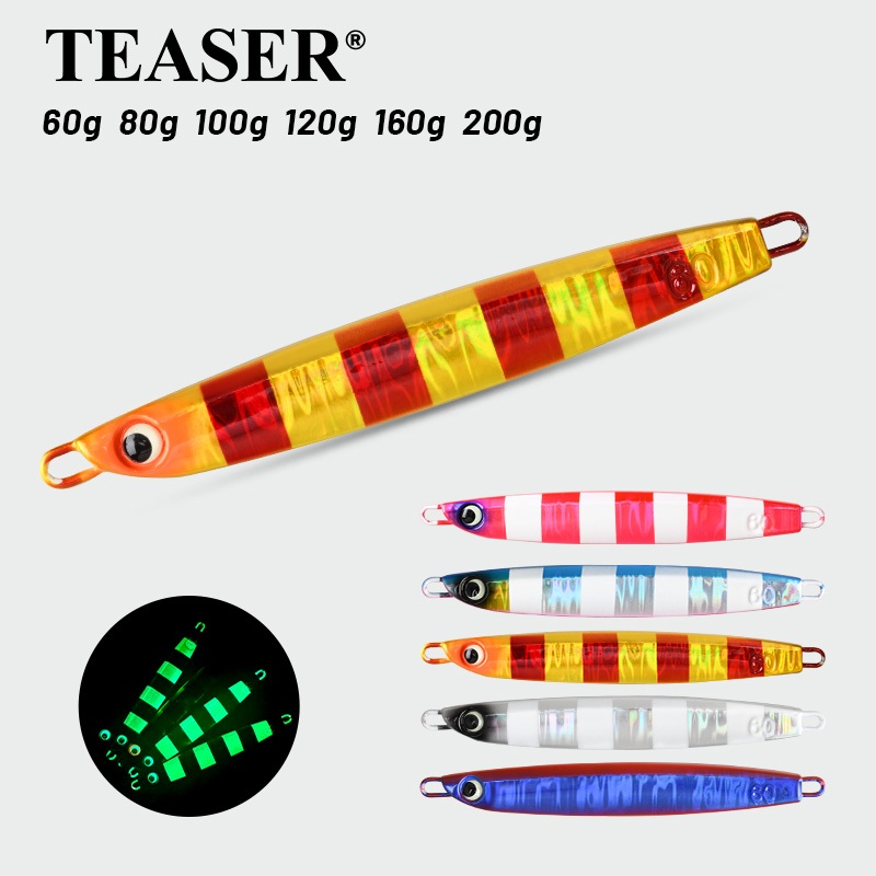 TEASER【J151】Quick Draw โลหะ Jigging Lure 60g 80g 100g 120g 160g 200g Luminous Eyes Luminous Quick Sink Jigs เหยื่อตะกั่วเหยื่อตกปลาโดยไม่ต้อง Assist Hook