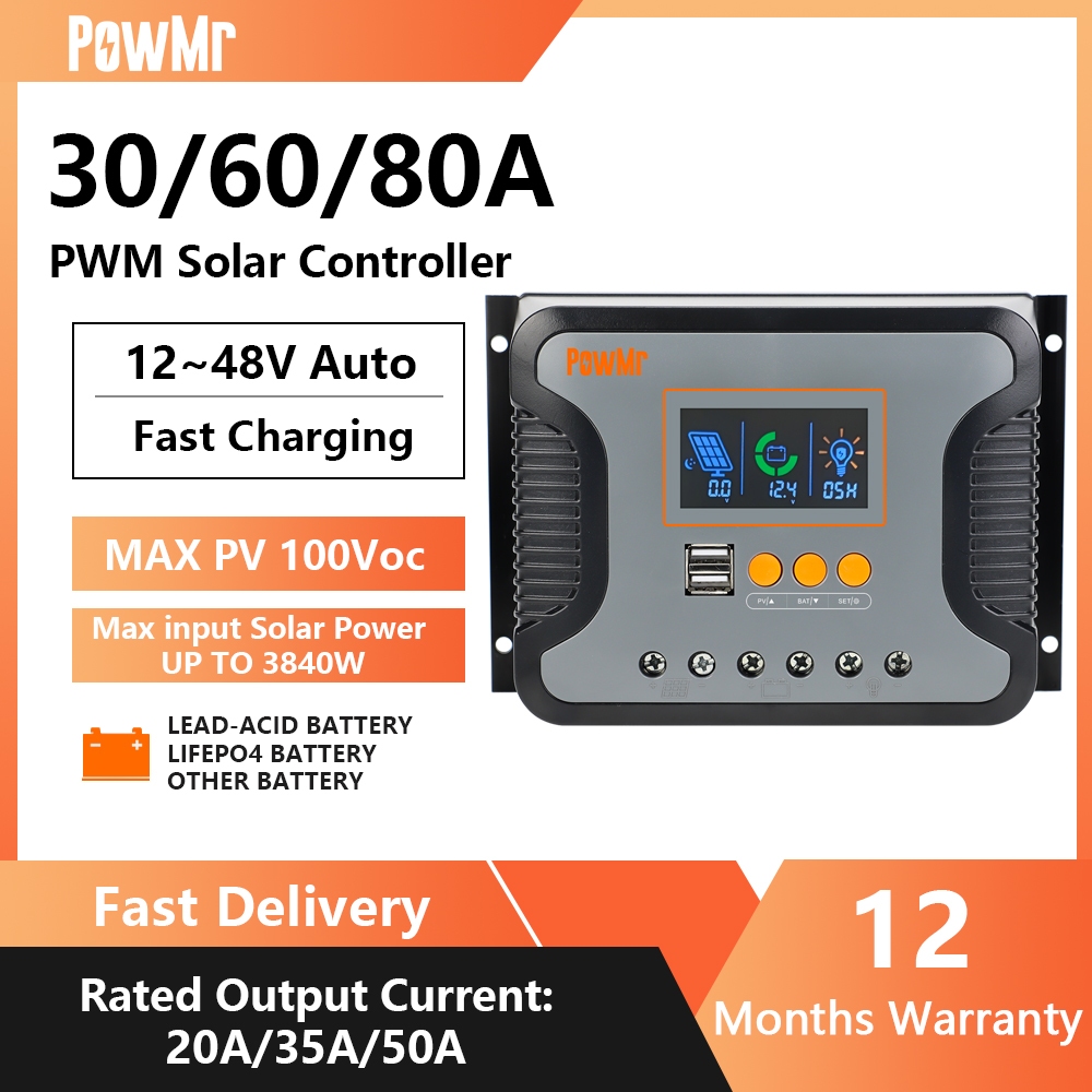 PowMr โซล่าร์ชาร์จเจอร์ 30A/60A/80A PWM ชาร์จเจอร์ 12V/24V/36V/48V ตัวควบคุมพลังงานแสงอาทิตย์ รับประกัน 1 ปี